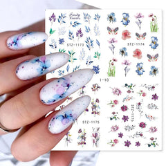 JazzHer 4 In 1 Watercolor Flowers Leaf Charms Nail Stickers Simple Floral Abstract Design Sliders Foils Spring Manicure Watermark Tattoo