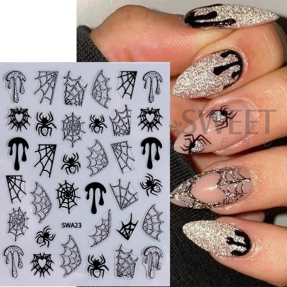 JazzHer 3D Glitter Spider Web Nail Art Stickers Decals Self-Adhesive Spider bat Pumpkin Shimmer Halloween DIY Nail Sliders Supplies