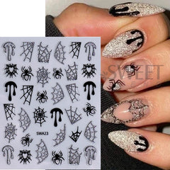 JazzHer 3D Glitter Spider Web Nail Art Stickers Decals Self-Adhesive Spider bat Pumpkin Shimmer Halloween DIY Nail Sliders Supplies