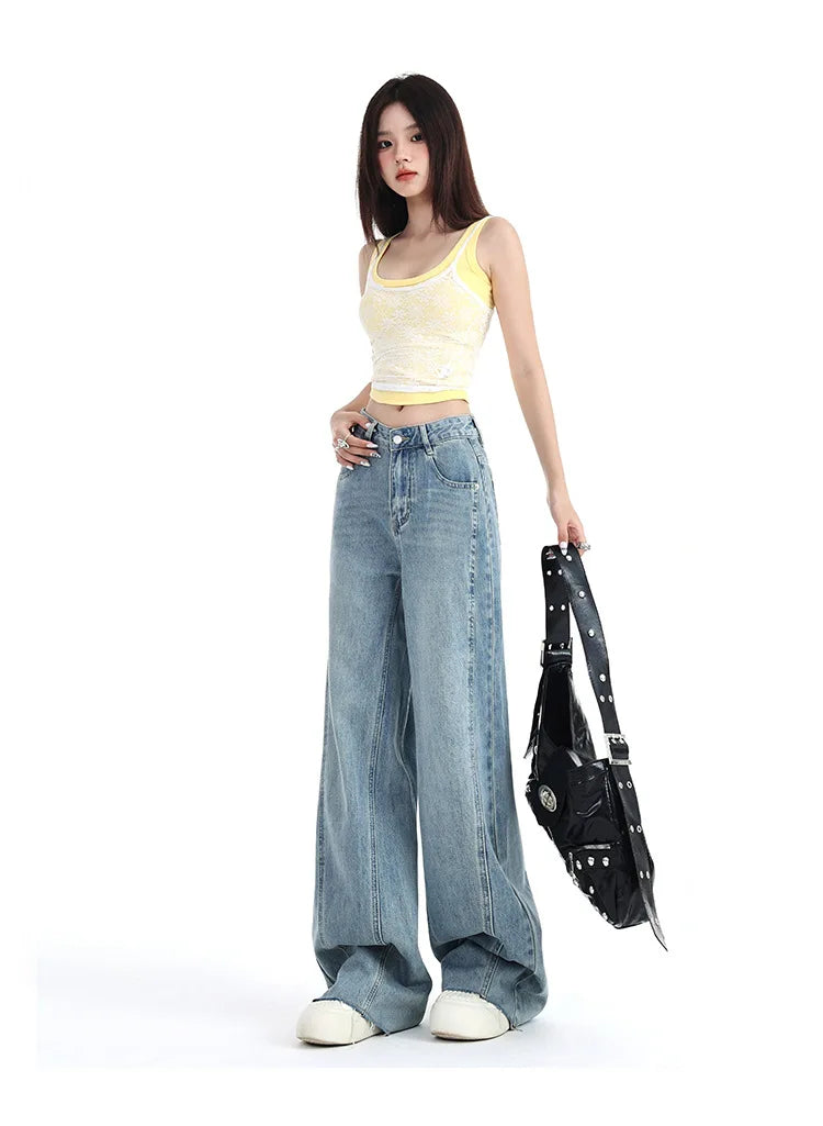 JazzHer Women Jeans Washed Vintage Straight Full Length Denim Pants Solid Pockets High Waist Washed Jean Spliced Basics Loose Fit