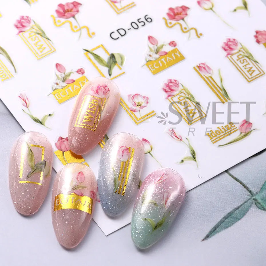 JazzHer Laser Gold Flower Nail Sticker 3D Geometry Leaves Adhesive Nails Slider Holographic Glitter Leaf Manicure Decals Tips Decoration