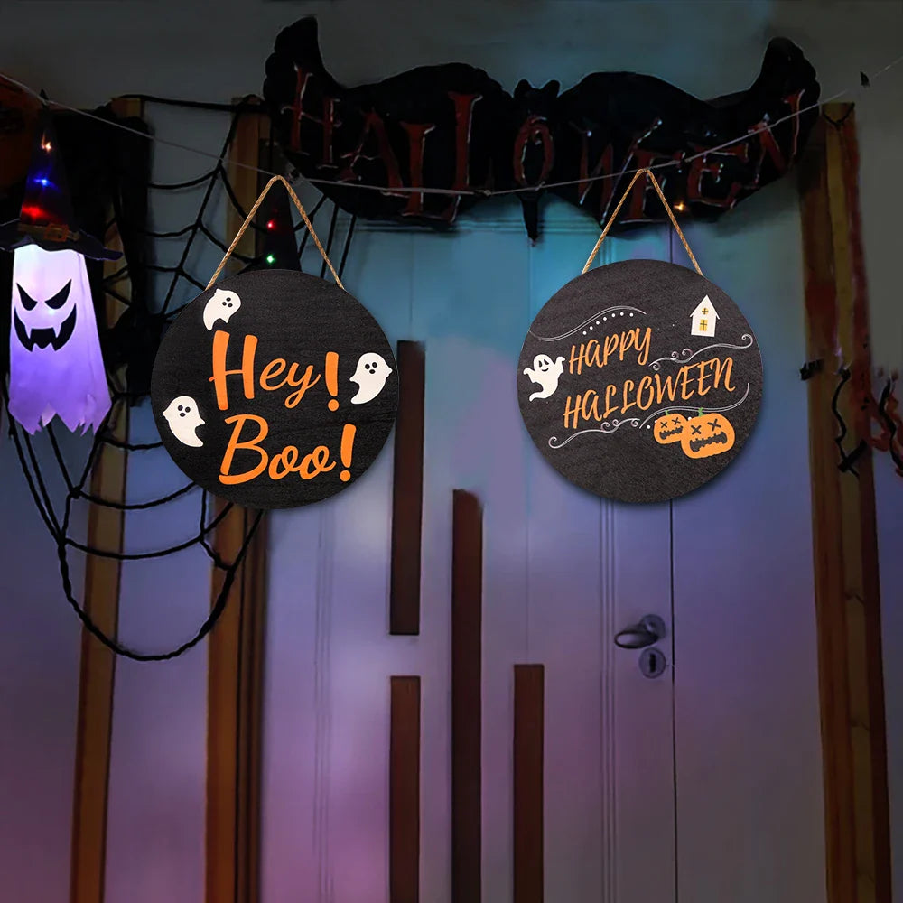 JazzHer 2024 Round Halloween Wooden Decoration Bat Ghost Party Decoration Haunted House Props Door Halloween Decorations For Home