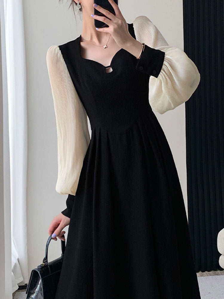 JazzHer Fashion Dresses for Women Long Sleeve Party French Style Dress Solid Square Collar Midi Zipper 2023 New Spring Summer Dress