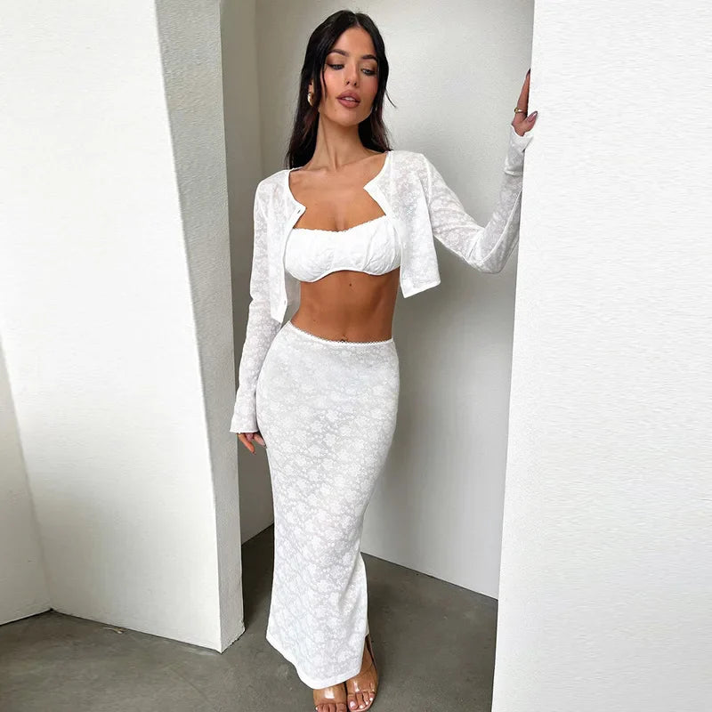 JazzHer White Lace Casual Sexy Two Piece Set 2025 Long Sleeve Top Ruffle Long Skirt Three Pieces Set Elegant 2 Piece Set Women