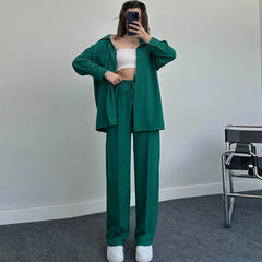 JazzHer Two Piece Sets Women Autumn Ensemble Shirts Single Breasted Turn Down Collar Blouse Pocket Straight Pants Suit Casual Outfits