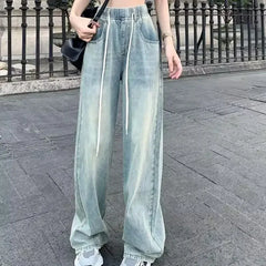 JazzHer Vintage Drawstring Jeans Women Straight Wide Leg Pants High Waist Pockets Full Length Trousers 2024 Female Denims Streetwear