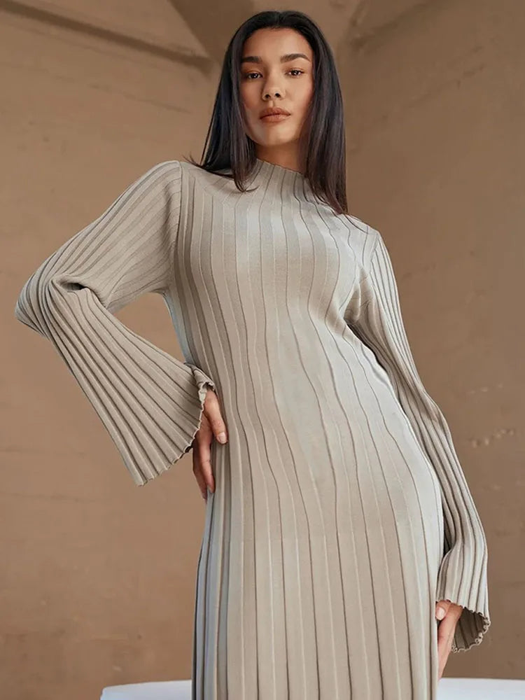 JazzHer Fall Winter New Knitted Dress Female Casual Big Striped High Collar Sweater Long Dress Elegant Flare Sleeve Party Dresses