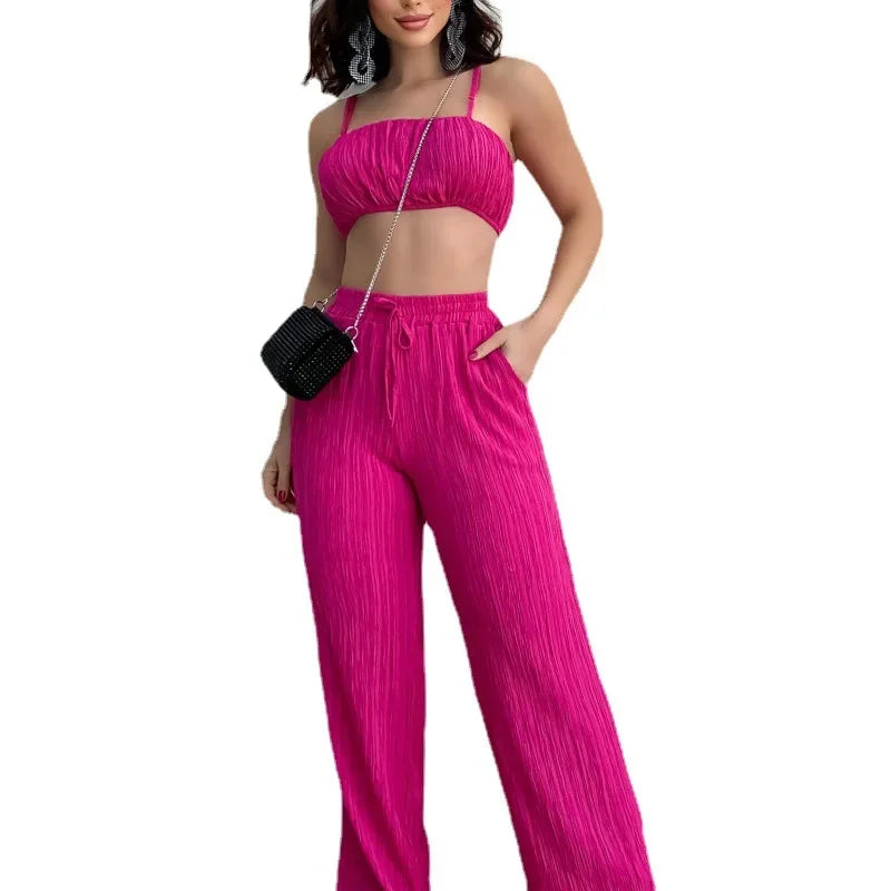 JazzHer Women Two Piece Pant Sets Hollow Out Folds Suspenders Sleeveless Strapless Loose Drawstring Trousers Casual Summer Beach