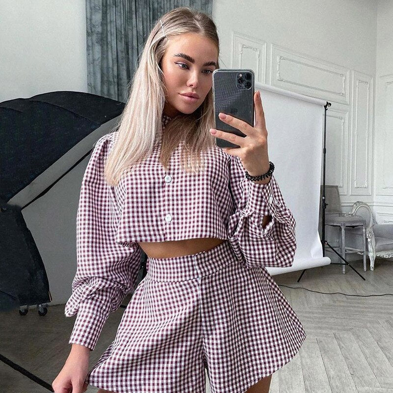 JazzHer Plaid Culottes Shorts Sets Shirt Collar Matching Suits Blouse Long Sleeve Top Outfits Summer Autumn Women Two Piece Set Fall Dresses