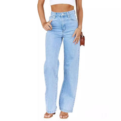 JazzHer Denim Women Jeans Straight Pants Washing High Waist Loose Fit Pockets Button Basics Solid Color Denims Casual Wide Leg Trousers