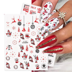 JazzHer Laser Red Christmas Nail Art Stickers 3D Cartoon Santa Snowman Xmas Tree Adhesive Sliders Winter New Year Manicure Decor LYCJ027