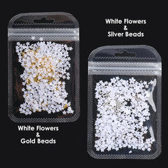 JazzHer Elegant Acrylic White Flowers Nail Art Jewelry Parts Mixed Gold Silver Beads Floral Decoration Design DIY Charm Accessories LYWF