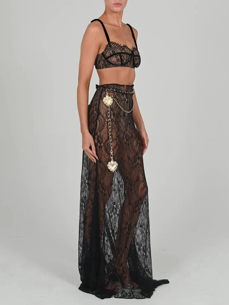 JazzHer See Through Lace Two Piece Skirt Sets Women Crop Top And Maxi Skirt Sets Elegant Party Beach Sexy Two Piece Set