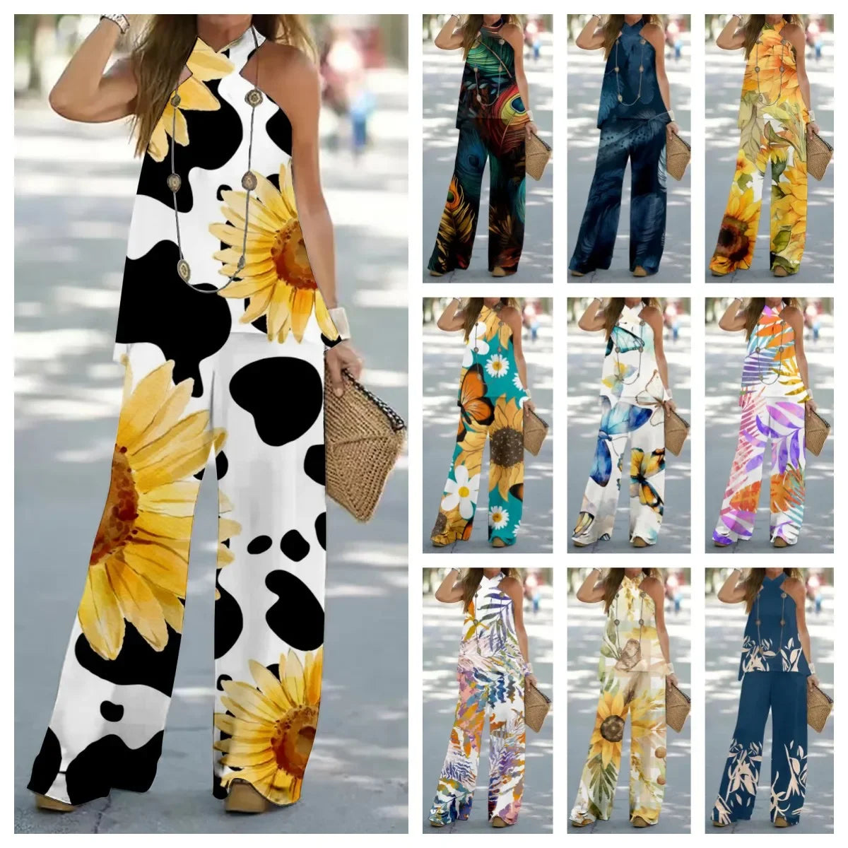 JazzHer Summer Two Pieces Sets Female Casual Sexy Sleeveless Print Halter Neck Tops Wide Leg Pants Suits Office Lady Women 2024