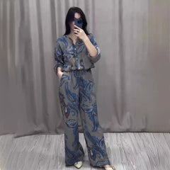 JazzHer Two Piece Sets Print Shirt Wide Leg Pants Women Muslim Suits Arab Musulman Ensembles Moroccan Kaftan Ramadan Outfits Summer