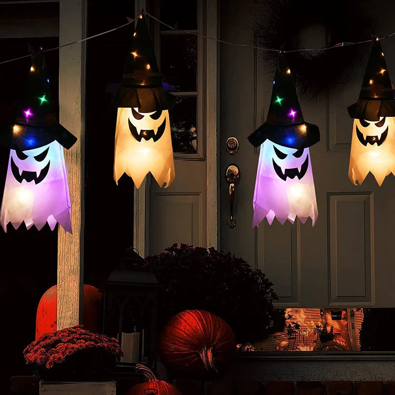 JazzHer Halloween LED Flashing Light Hanging Ghost Halloween Party Dress Up Glowing Wizard Hat Lamp Horror Props Home Bar Decoration