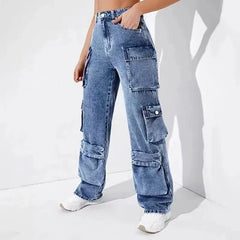 JazzHer Jeans Women Straight Cargo Pants Denim High Waist Vintage Pockets Button Basics Ankle Length Trousers 2024 Autumn Streetwear