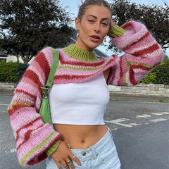 JazzHer Y2K Vintage Striped Loose Long Sleeves Pullover Crop Tops Chic Women Knitted Shrug Sweater 00s Retro Smock T-shirt Streetwear