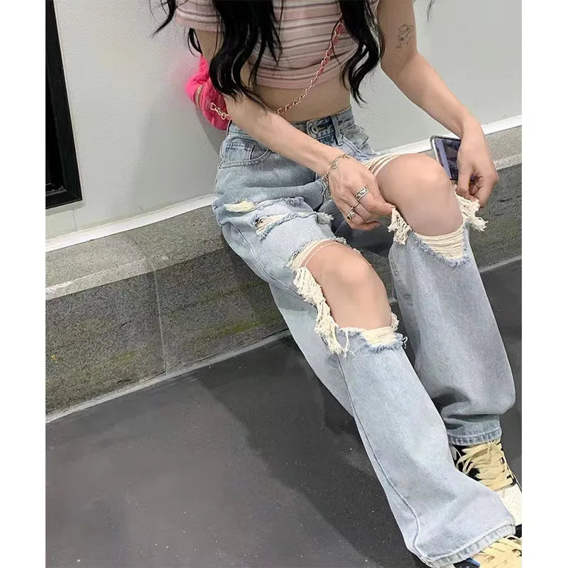 JazzHer Hole Jeans Women Straight Denim Wide Leg Pants Pockets Button Zipper Fly Vintage Streetwear Female Trousers Distressed Denims