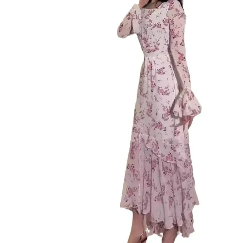 JazzHer Women Dress Long Dresses Print Floral Ruffles Full Sleeve Irregularity Square Collar Tight Waist A Line Vestidos Elegant Splice