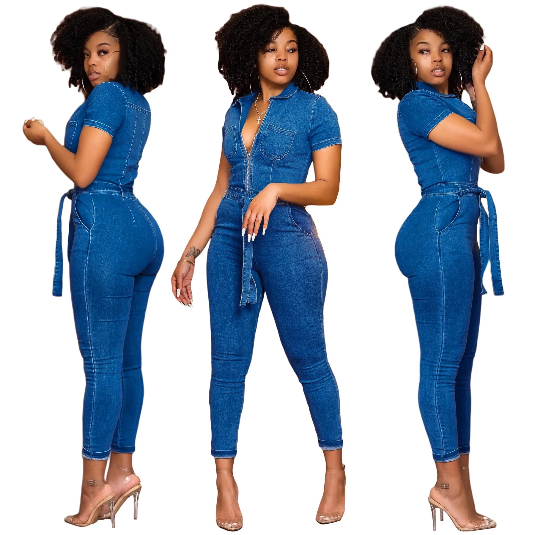 JazzHer Vintage Denim Jeans Ankle Length Pencil Pants Washed Jean Overalls One Piece Single Breasted High Waist Casual Sashes Skinny