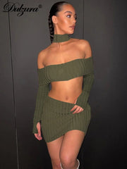 JazzHer 2024 Solid Matching Suit Ribbed Off Shoulder Long Sleeve Camisole Top Mini Skirt Bodycon Y2K Neck Ornaments Sexy