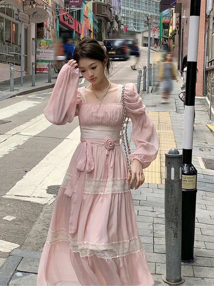 JazzHer 2024 Summer Woman French Elegant Lace Midi Dress Party Long Sleeve Korean Fashion Dress Beach Chiffon Fairy Slim Dress Chic