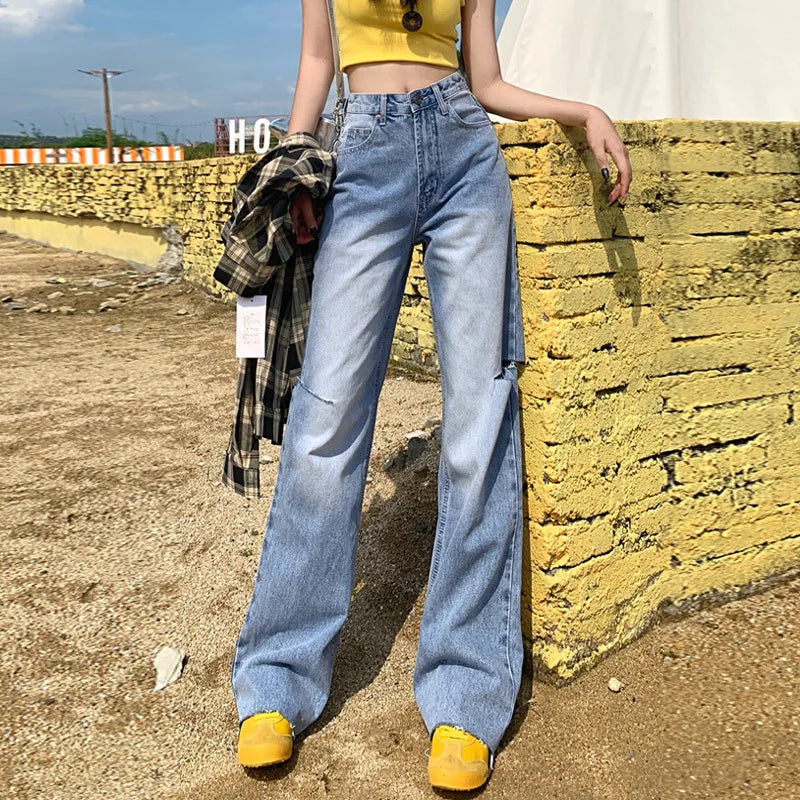 JazzHer Denim Straight Hollow Out High Waist Streetwear Jeans Vintage Slight Blue Jeans Long Pants Y2k Work Summer Blue Jeans Capris