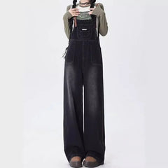 JazzHer Overalls Women Jeans Mid Waist Wide Leg Pants Full Length Jean Loose Fit Denim Washed Pockets High Street Solid Spliced