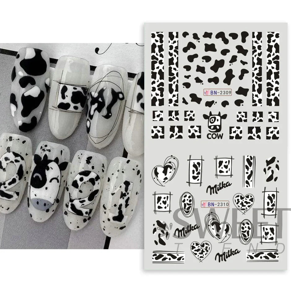 JazzHer 12pcs Milk Cows Nail Water Sticker Cute Cartoon Animals Prints Geometry Strip Decals Tattoo 2024 Watermark Transfer Sliders LYBN