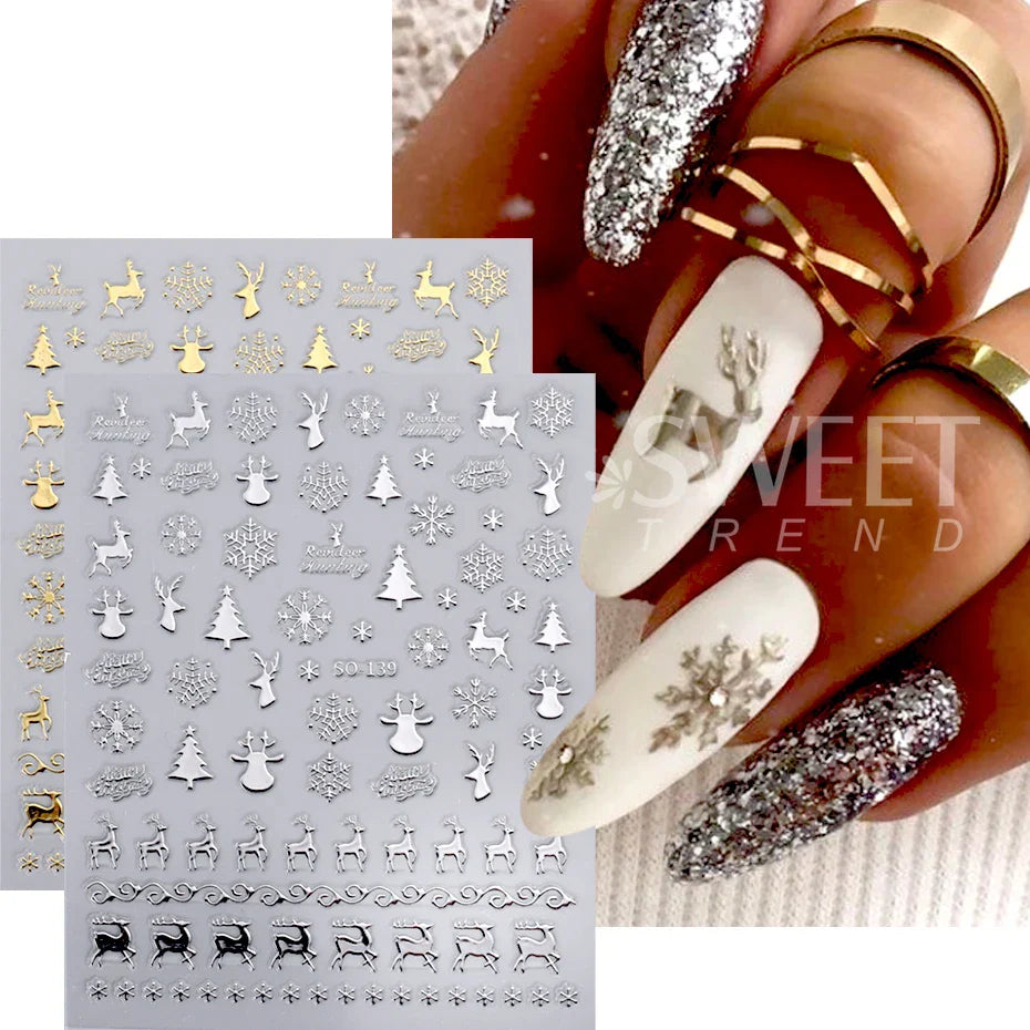 JazzHer 3D Gold Silver Christmas Nail Sticker Winter New Year Snowman Snowflake Decal Holographic Santa Tree Slider For Manicure Decor