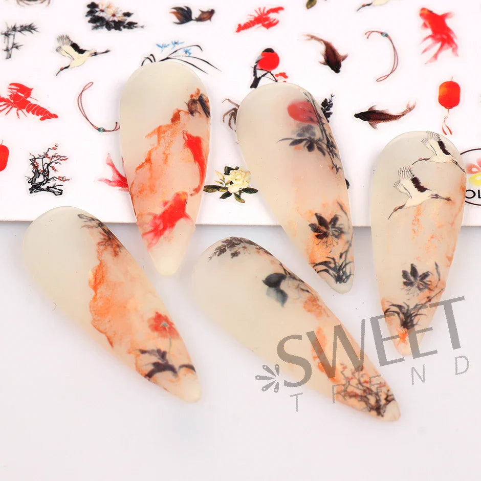 JazzHer 3D Lucky Koi Carp Nail Design Gold Fish Lotus Chinese Style New Year Adhesive Sticker Scape Watercolor Manicure Foils Decal LYCA