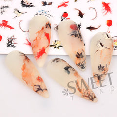 JazzHer 3D Lucky Koi Carp Nail Design Gold Fish Lotus Chinese Style New Year Adhesive Sticker Scape Watercolor Manicure Foils Decal LYCA