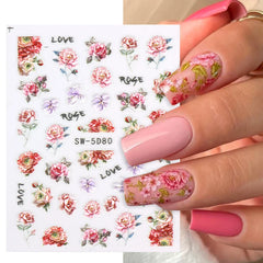 JazzHer 5D Embossed Peony Flowers Nail Art Stickers Valentine Rose Design Spring Textured Decals New Year Manicure Decoration LYSW-5D80