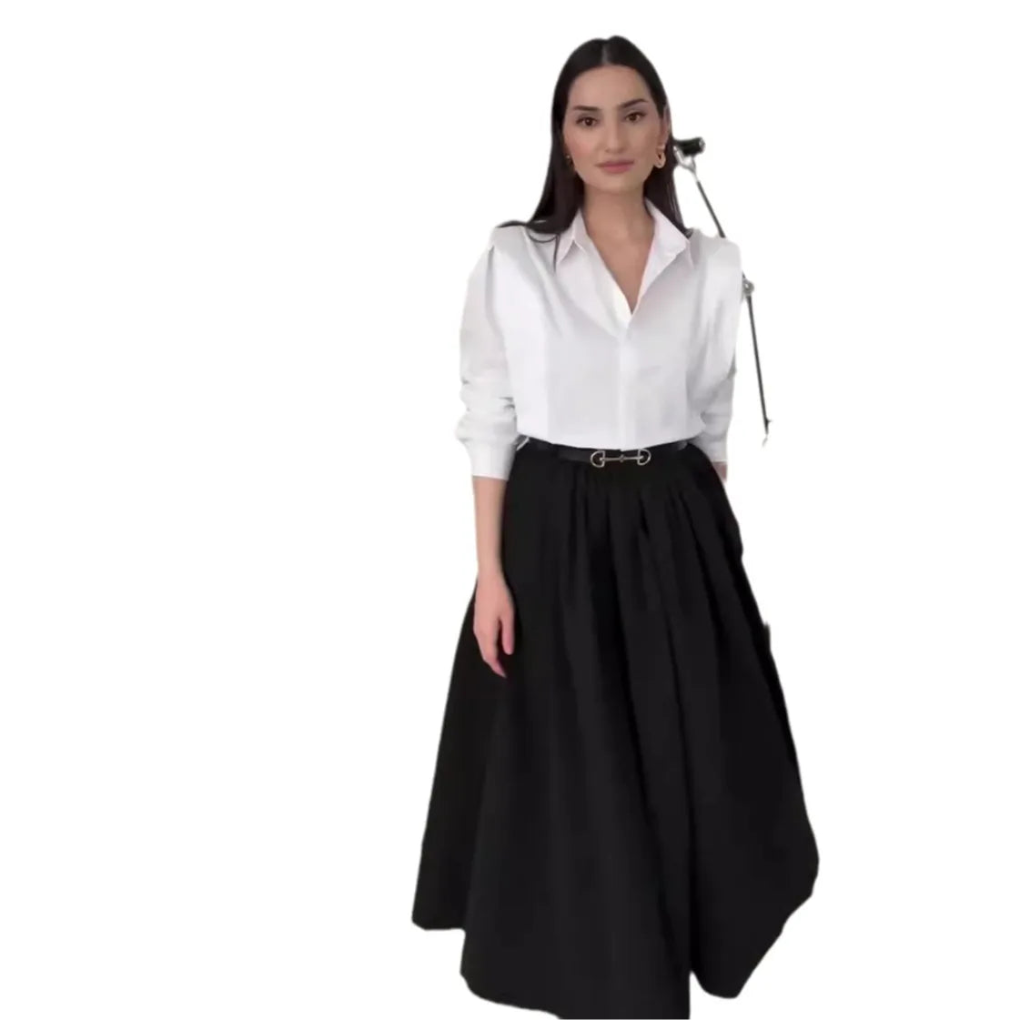 JazzHer Two Piece Skirt Set Women Shirts Turndown Collar Blouses Long Skirts Solid Colour Suit Temperament Sets Office Lady Outfits