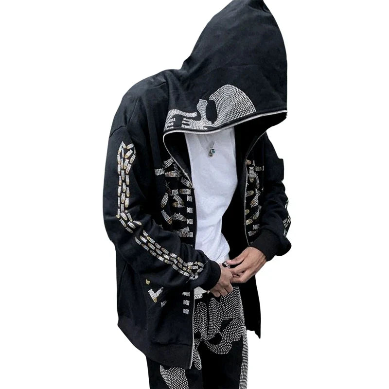 JazzHer 2024 Fall Fashion Dark Academia Grunge Zip Up Sweatshirt Punk Style Gothic Rhinestone Skull Spider Print Hooded Autumn Coat Top Y2K Emo