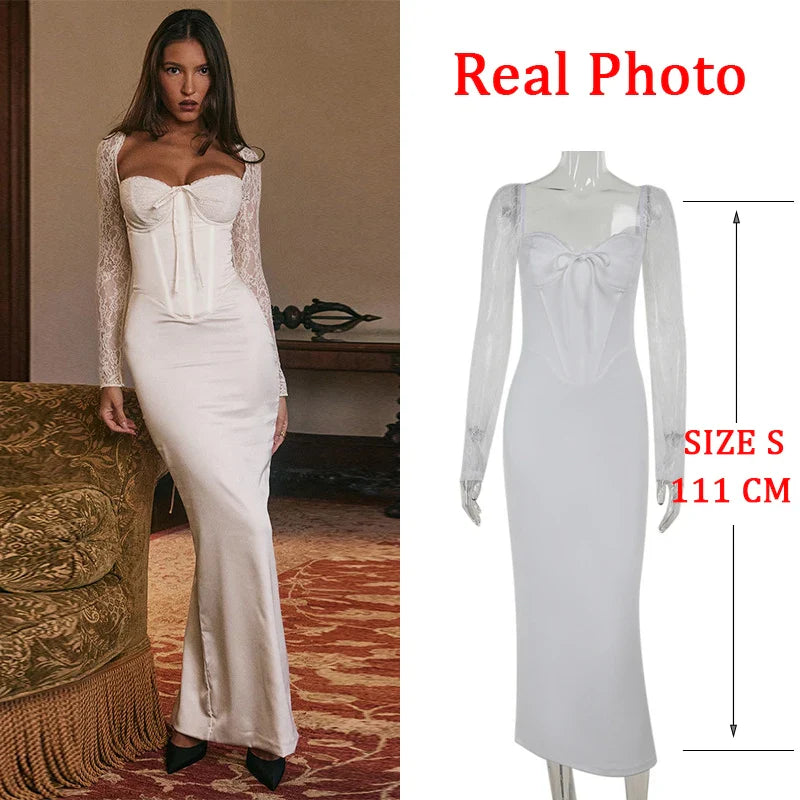 JazzHer White Lace Long Sleeve Elegant Evening Party Dress Women Backless Robes Sexy Dress Long Bodycon Autumn Dress Vestidos