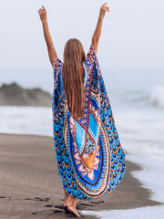 JazzHer 2024 Bohemian Printed Summer Holiday Dress Blue Tunic Women Beach Wear Kaftan V-Neck Bats Sleeve Maxi Dress Robe Q956