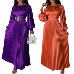 JazzHer Dress Women 2024 Autumn Long Dresses Solid Tight Waist Full Sleeve Round Collar Folds Vestidos Elegant Temperament A Line