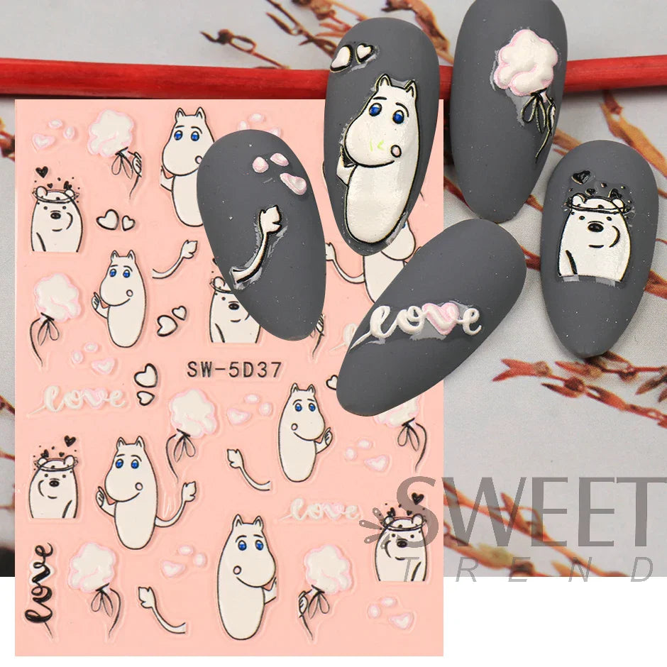 JazzHer 5D Embossed Lovely Panda Nail Stickers Cute Cartoon Sew Bunny Hug Bear Slider For Nails Avocado Manicure Textured Decals LYSW-5D