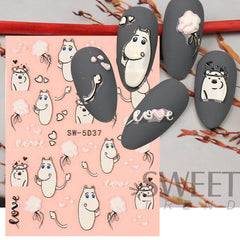 JazzHer 5D Embossed Lovely Panda Nail Stickers Cute Cartoon Sew Bunny Hug Bear Slider For Nails Avocado Manicure Textured Decals LYSW-5D