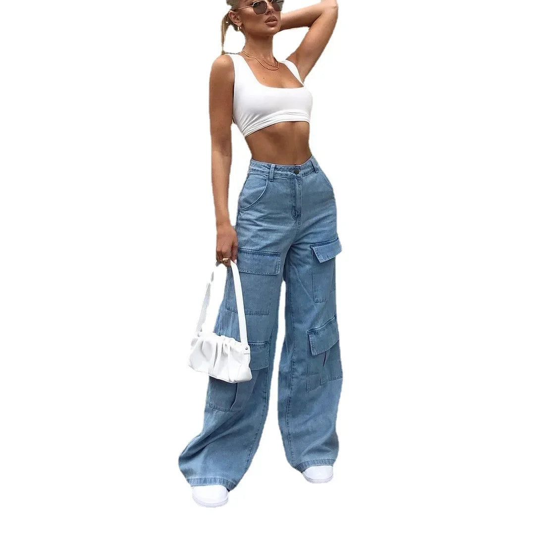 JazzHer Women Jeans Wide Leg Pants Cargo Denim Ankle Length Mid Waist Washing Zipper Loose Slight Strech High Street Solid Pockets