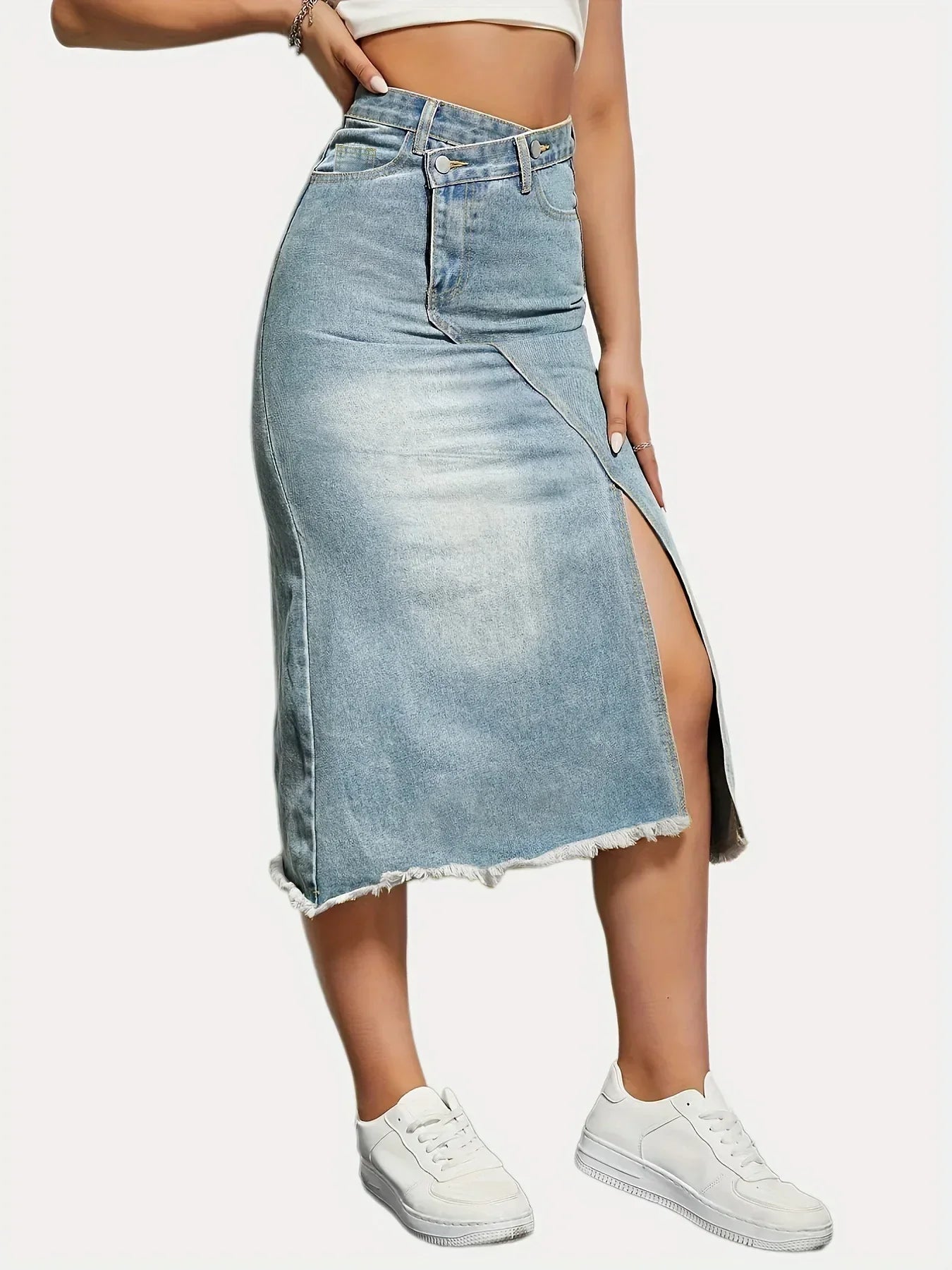 JazzHer Women Skirts Denim Dress Wrap Buttocks High Street Sexy Solid Patchwork Spliced Ankle Length Slim Fit Pockets Slight Strech