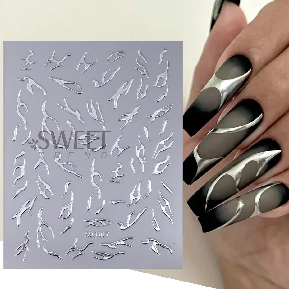 JazzHer Metallic Silver Line Nail Manicure Stickers Metal Chrome Stripe Vine Flame Adhesive Decals Tape Swirl French Sliders Decor Foils