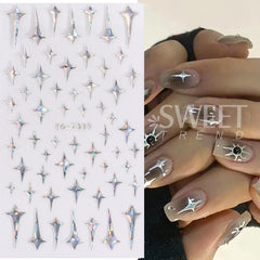 JazzHer Laser Silver Heart 5D Nails Art Stickers Engraved Y2K Star Self-adhensive Nail Slider Holographic Embossed Design Decal Manicure