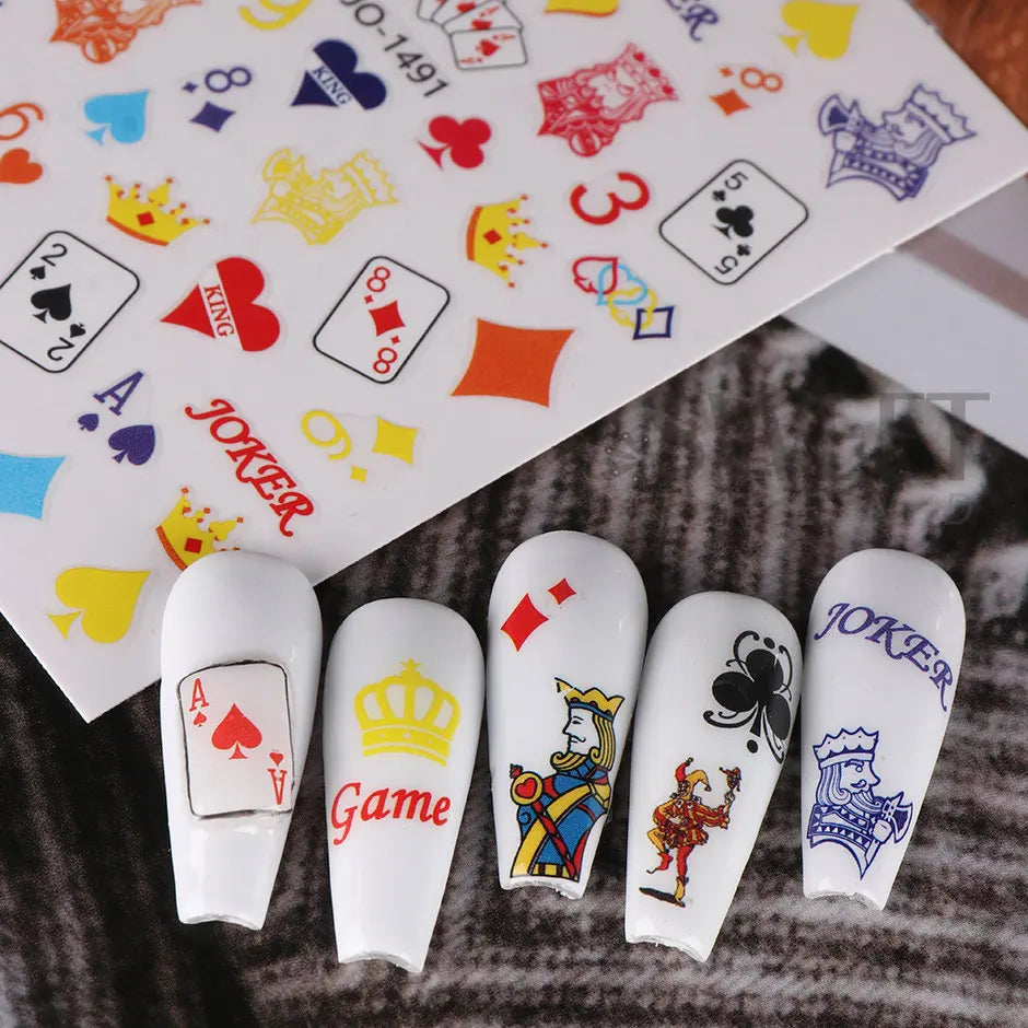 JazzHer 3D Poker Design Nail Art Stickers Playing Cards Tip Sliders Abstract Decals Foil Adhesive Decorations Manicure Accessories LYJO