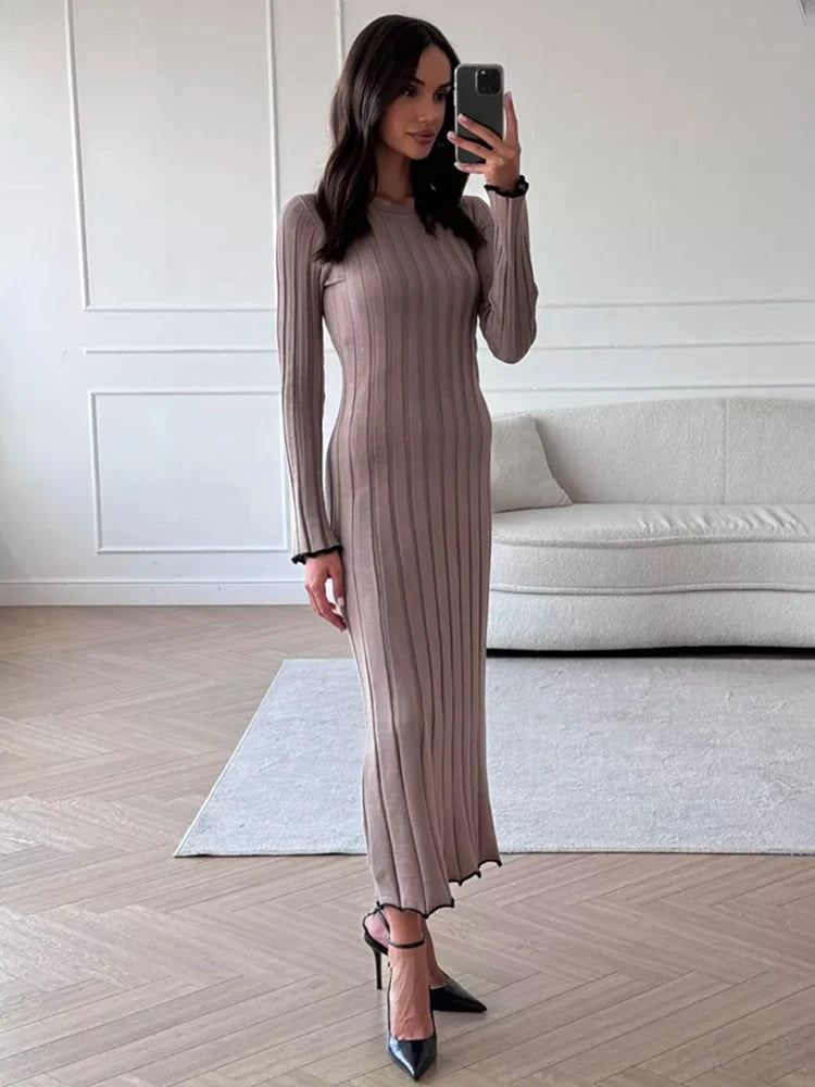 JazzHer TARXUXY Long Sleeve Knitted Dress For Women Autumn Winter Slim Sexy Striped Sweater Long Dresses Female Elegant Party Clothes