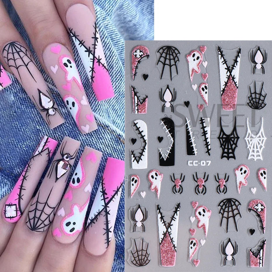 JazzHer 3D Luminous Halloween Ghost Nail Art Stickers Spider Web Bat Self-adhesive Sliders Nail Glowing in the Dark Manicure Decoration