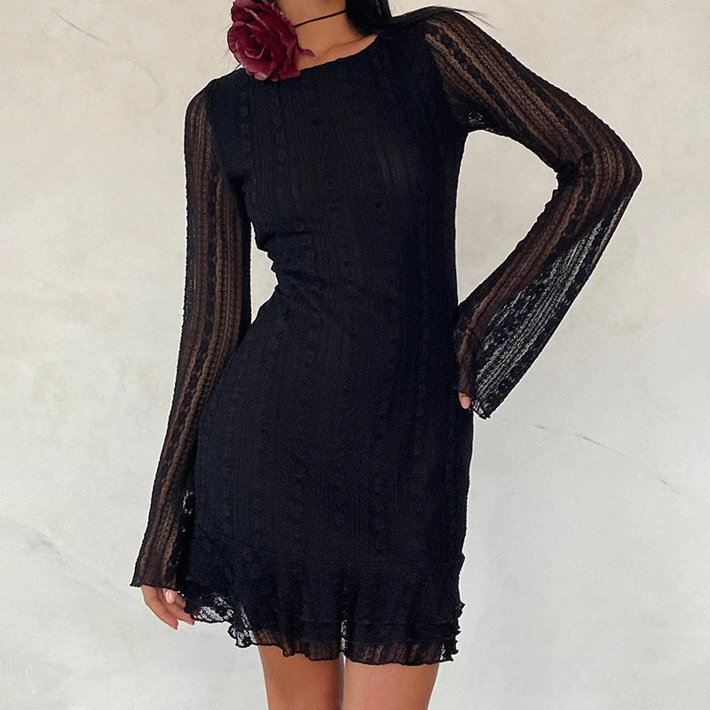 JazzHer Fairy Coquette Y2K Retro A-line Dress Floral Lace Sheer Mini Dress 90s Vintage Long Flared Sleeves Short Dress Women Streetwear