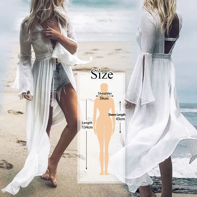 JazzHer Elegant Women Tunic Summer Fashion Long Beach Dress Sexy Patchwork Short Sleeve Front Open White Robe Dress Pareos Q561